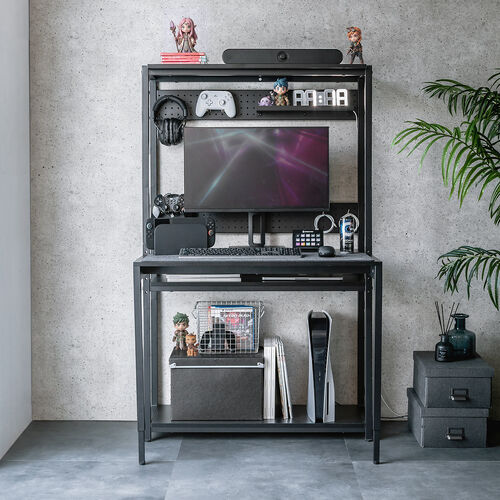 パソコンラック（パソコンデスク・横幅85cm・奥行60cm・シェルフデスク・収納棚付き・天板高さ可変・棚可変・クランプ取付・有孔ボード・ブラック）