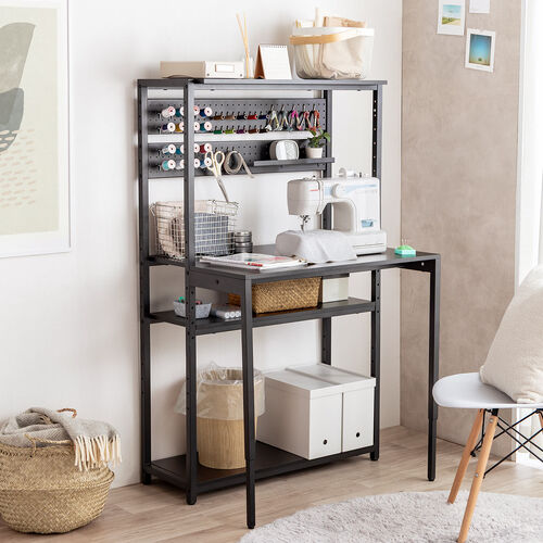 パソコンラック（パソコンデスク・横幅85cm・奥行60cm・シェルフデスク・収納棚付き・天板高さ可変・棚可変・クランプ取付・有孔ボード・ブラック）