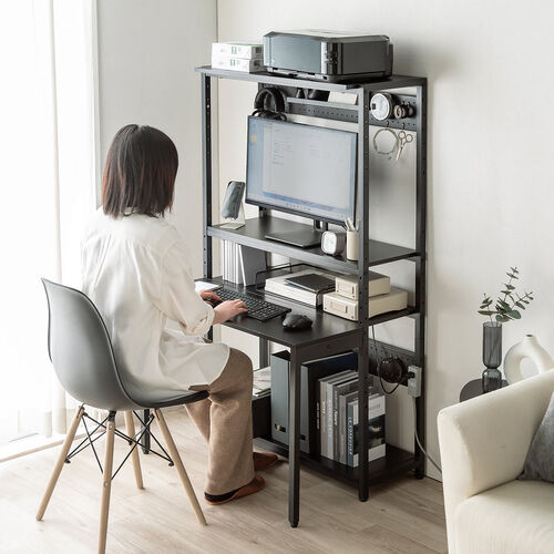 パソコンラック（パソコンデスク・横幅85cm・奥行60cm・シェルフデスク・収納棚付き・天板高さ可変・棚可変・クランプ取付・有孔ボード・ブラック）