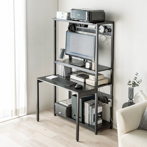 パソコンラック（パソコンデスク・横幅85cm・奥行60cm・シェルフデスク・収納棚付き・天板高さ可変・棚可変・クランプ取付・有孔ボード・ブラック）