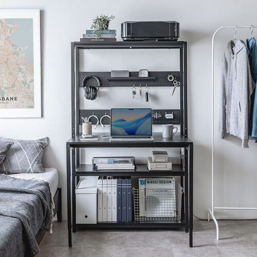 パソコンラック（パソコンデスク・横幅85cm・奥行60cm・シェルフデスク・収納棚付き・天板高さ可変・棚可変・クランプ取付・有孔ボード・ブラック）