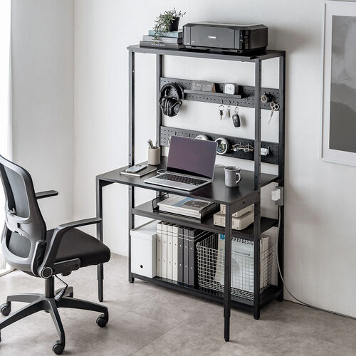 パソコンラック（パソコンデスク・横幅85cm・奥行60cm・シェルフデスク・収納棚付き・天板高さ可変・棚可変・クランプ取付・有孔ボード・ブラック）