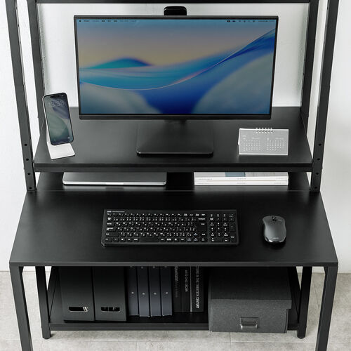 パソコンラック（パソコンデスク・横幅85cm・奥行60cm・シェルフデスク・収納棚付き・天板高さ可変・棚可変・クランプ取付・有孔ボード・ブラック）