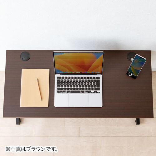 ローデスク（6段階高さ変更可能・高さ40～55cm・横幅95cm・奥行45cm・ケーブル配線口・タップ受け・アジャスタ・ライトブラウン）