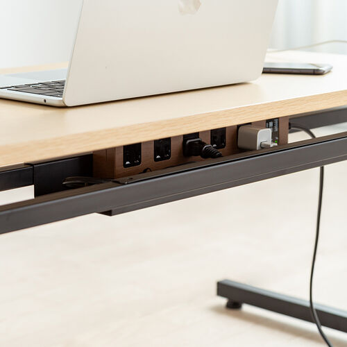 ローデスク（6段階高さ変更可能・高さ40～55cm・横幅95cm・奥行45cm・ケーブル配線口・タップ受け・アジャスタ・ライトブラウン）