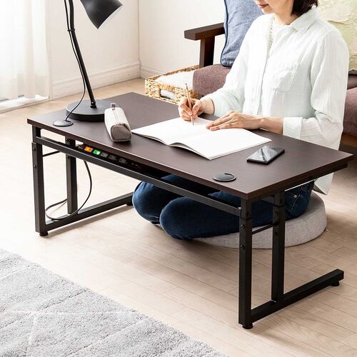 ローデスク（パソコンデスク・高さ調整・高さ38cm～58cm・6段階可変・幅90cm・奥行45cm・ケーブル配線口・タップ受け・ゲーミング・勉強机・ブラウン）