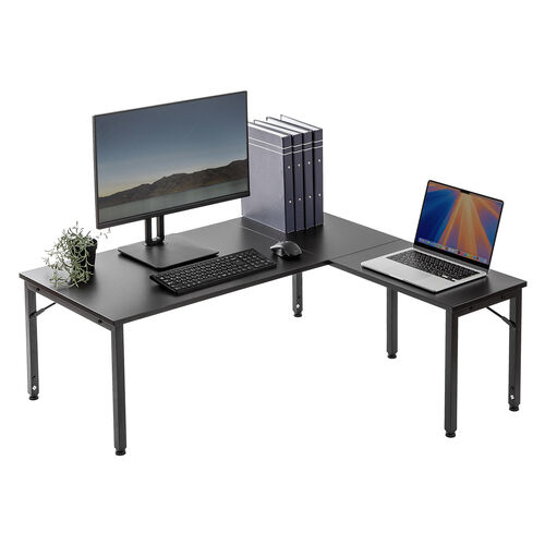 L字ローデスク（パソコンデスク・木製・座デスク・コーナーデスク・高さ可変5段階・幅105cm・ブラック）