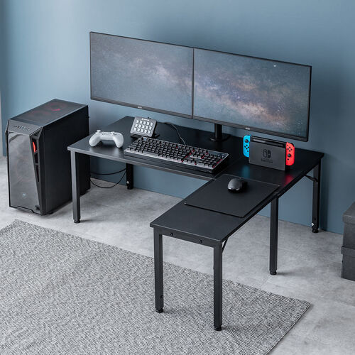 L字ローデスク（パソコンデスク・木製・座デスク・コーナーデスク・高さ可変5段階・幅105cm・ブラック）