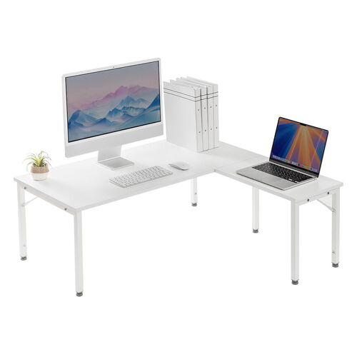 L字ローデスク（パソコンデスク・木製・座デスク・コーナーデスク・高さ可変5段階・幅105cm・ホワイト）