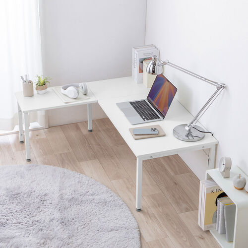 L字ローデスク（パソコンデスク・木製・座デスク・コーナーデスク・高さ可変5段階・幅105cm・ホワイト）