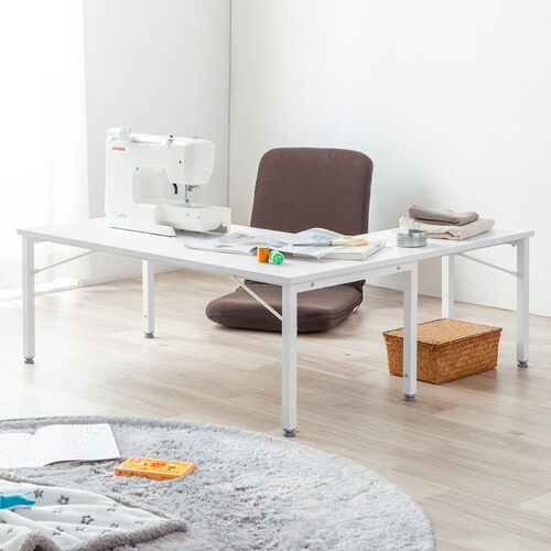 L字ローデスク（パソコンデスク・木製・座デスク・コーナーデスク・高さ可変5段階・幅105cm・ホワイト）