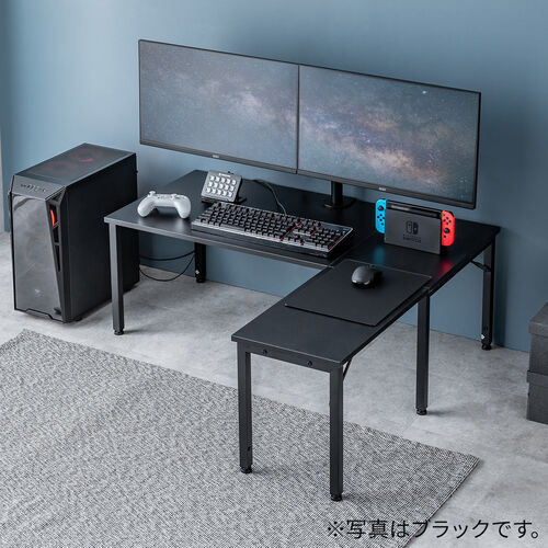 L字ローデスク（パソコンデスク・木製・座デスク・コーナーデスク・高さ可変5段階・幅105cm・ホワイト）