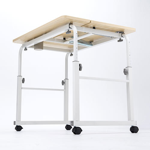 昇降式パソコンデスク（手動昇降・脚幅伸縮・傾斜変更可能・カップホルダー・多機能・W80×D60cm・薄い木目）