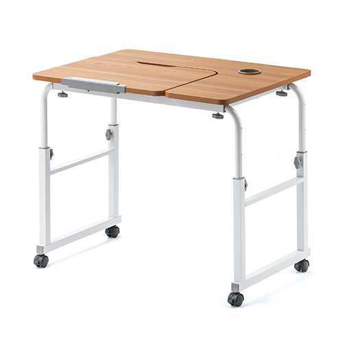 昇降式パソコンデスク（手動昇降・脚幅伸縮・傾斜変更可能・カップホルダー・多機能・W80×D60cm・木目）