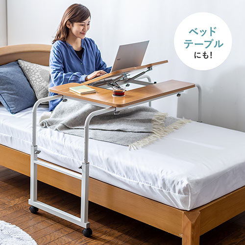 昇降式パソコンデスク（手動昇降・脚幅伸縮・傾斜変更可能・カップホルダー・多機能・W80×D60cm・木目）