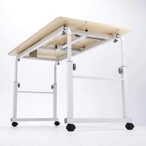 昇降式パソコンデスク（手動昇降・脚幅伸縮・傾斜変更可能・カップホルダー・多機能・W120×D60cm・薄い木目）