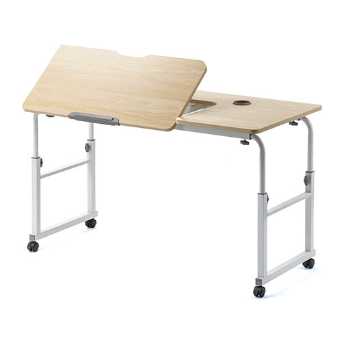 昇降式パソコンデスク（手動昇降・脚幅伸縮・傾斜変更可能・カップホルダー・多機能・W120×D60cm・薄い木目）