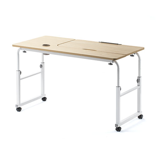 昇降式パソコンデスク（手動昇降・脚幅伸縮・傾斜変更可能・カップホルダー・多機能・W120×D60cm・薄い木目）