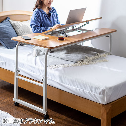 昇降式パソコンデスク（手動昇降・脚幅伸縮・傾斜変更可能・カップホルダー・多機能・W120×D60cm・薄い木目）