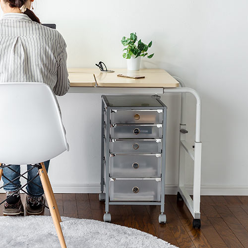 昇降式パソコンデスク（手動昇降・脚幅伸縮・傾斜変更可能・カップホルダー・多機能・W120×D60cm・薄い木目）