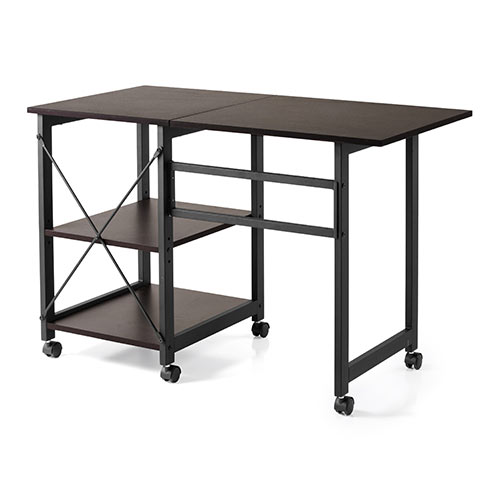 折りたたみデスク（コンパクトデスク・折りたたみワゴン・作業台・リビング学習・テレワーク・拡張デスク・キャスター付き・幅107cm・奥行55cm・総耐荷重40kg・ブラウン）