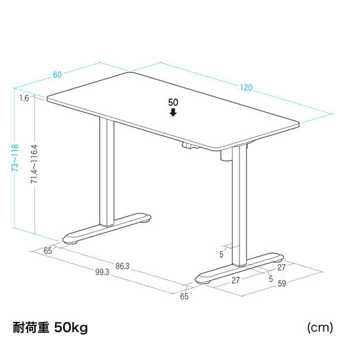 電動昇降デスク（昇降デスク・パソコンデスク・作業台・幅120cm・奥行60cm・高さ73cm～118cm・モニターアーム対応・スタンダードタイプ・ホワイト）