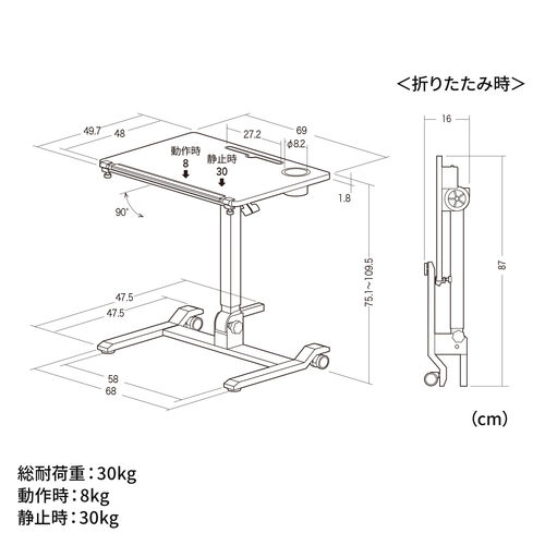 スタンディングデスク（昇降デスク・ガス圧デスク・折りたたみテーブル・完成品出荷・落下防止ストッパー・天板角度調整可能・無段階調節・カップホルダー・タブレットスタンド・フック・薄さ16cm・ブラック）