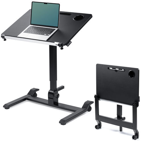 スタンディングデスク（昇降デスク・ガス圧デスク・折りたたみテーブル・完成品出荷・落下防止ストッパー・天板角度調整可能・無段階調節・カップホルダー・タブレットスタンド・フック・薄さ16cm・ブラック）