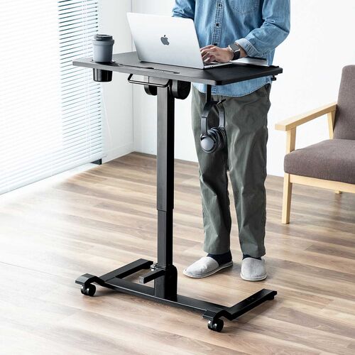スタンディングデスク（昇降デスク・ガス圧デスク・折りたたみテーブル・完成品出荷・落下防止ストッパー・天板角度調整可能・無段階調節・カップホルダー・タブレットスタンド・フック・薄さ16cm・ブラック）