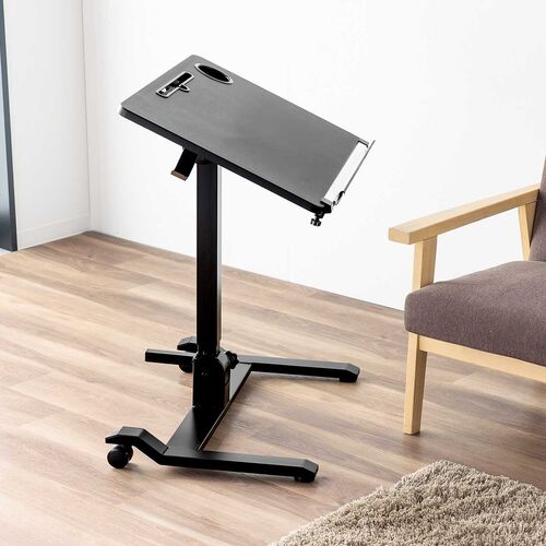 スタンディングデスク（昇降デスク・ガス圧デスク・折りたたみテーブル・完成品出荷・落下防止ストッパー・天板角度調整可能・無段階調節・カップホルダー・タブレットスタンド・フック・薄さ16cm・ブラック）