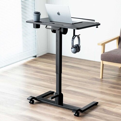 スタンディングデスク（昇降デスク・ガス圧デスク・折りたたみテーブル・完成品出荷・落下防止ストッパー・天板角度調整可能・無段階調節・カップホルダー・タブレットスタンド・フック・薄さ16cm・ブラック）