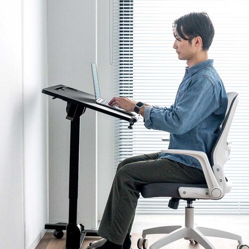 スタンディングデスク（昇降デスク・ガス圧デスク・折りたたみテーブル・完成品出荷・落下防止ストッパー・天板角度調整可能・無段階調節・カップホルダー・タブレットスタンド・フック・薄さ16cm・ブラック）