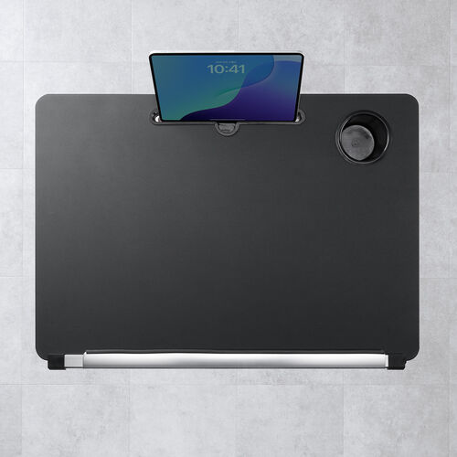 スタンディングデスク（昇降デスク・ガス圧デスク・折りたたみテーブル・完成品出荷・落下防止ストッパー・天板角度調整可能・無段階調節・カップホルダー・タブレットスタンド・フック・薄さ16cm・ブラック）