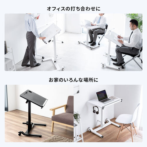 スタンディングデスク（昇降デスク・ガス圧デスク・折りたたみテーブル・完成品出荷・落下防止ストッパー・天板角度調整可能・無段階調節・カップホルダー・タブレットスタンド・フック・薄さ16cm・ブラック）