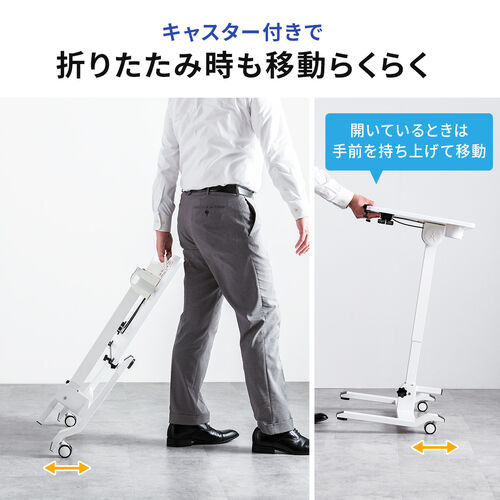 スタンディングデスク（昇降デスク・ガス圧デスク・折りたたみテーブル・完成品出荷・落下防止ストッパー・天板角度調整可能・無段階調節・カップホルダー・タブレットスタンド・フック・薄さ16cm・ブラック）