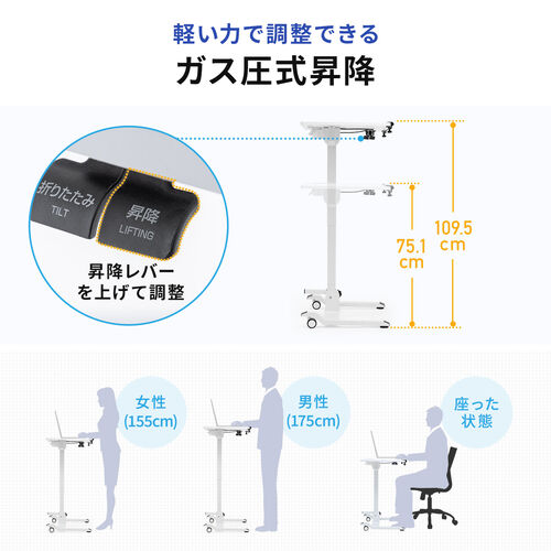 スタンディングデスク（昇降デスク・ガス圧デスク・折りたたみテーブル・完成品出荷・落下防止ストッパー・天板角度調整可能・無段階調節・カップホルダー・タブレットスタンド・フック・薄さ16cm・ブラック）