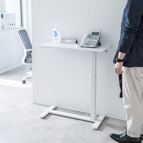 ソファサイドテーブル（サイドテーブル・ガス圧昇降テーブル・低床化キャスター・幅80cm・奥行40cm・昇降幅33cm・ホワイト）