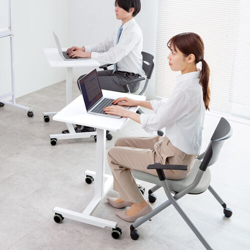 スタンディングデスク（コンパクト・ガス圧昇降・幅62cm・奥行43cm・高さ76～110cm・キャスター付き・腰痛軽減・座りすぎ防止・ホワイト）