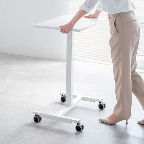 スタンディングデスク（コンパクト・ガス圧昇降・幅62cm・奥行43cm・高さ76～110cm・キャスター付き・腰痛軽減・座りすぎ防止・ホワイト）