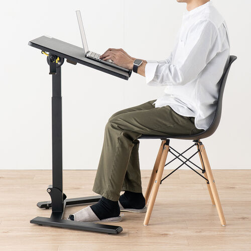 スタンディングデスク（昇降デスク・ガス圧デスク・折りたたみテーブル・完成品出荷・落下防止ストッパー・天板角度調整可能・無段階調節・フック付き・薄さ15cm・ブラック）