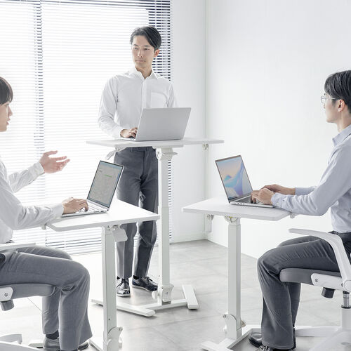 スタンディングデスク（昇降デスク・ガス圧デスク・折りたたみテーブル・完成品出荷・落下防止ストッパー・天板角度調整可能・無段階調節・フック付き・薄さ15cm・ホワイト）