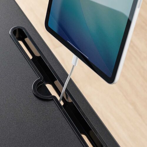 スタンディングデスク（昇降デスク・ガス圧デスク・折りたたみテーブル・完成品出荷・落下防止ストッパー・天板角度調整可能・無段階調節・カップホルダー・フック付き・薄さ23cm・ブラック）