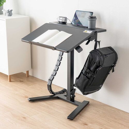 スタンディングデスク（昇降デスク・ガス圧デスク・折りたたみテーブル・完成品出荷・落下防止ストッパー・天板角度調整可能・無段階調節・カップホルダー・フック付き・薄さ23cm・ブラック）