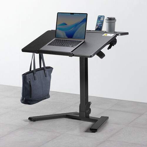 スタンディングデスク（昇降デスク・ガス圧デスク・折りたたみテーブル・完成品出荷・落下防止ストッパー・天板角度調整可能・無段階調節・カップホルダー・フック付き・薄さ23cm・ブラック）