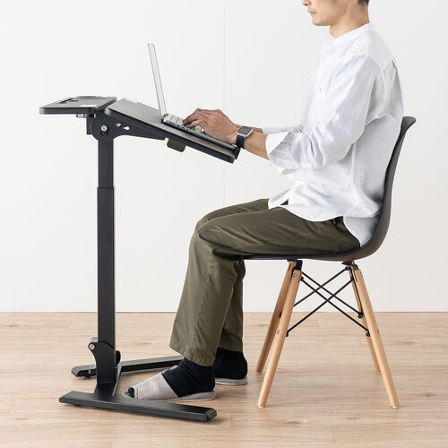 スタンディングデスク（昇降デスク・ガス圧デスク・折りたたみテーブル・完成品出荷・落下防止ストッパー・天板角度調整可能・無段階調節・カップホルダー・フック付き・薄さ23cm・ブラック）