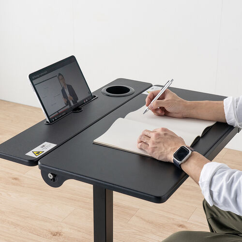 スタンディングデスク（昇降デスク・ガス圧デスク・折りたたみテーブル・完成品出荷・落下防止ストッパー・天板角度調整可能・無段階調節・カップホルダー・フック付き・薄さ23cm・ブラック）