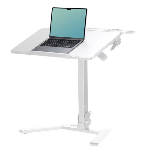 スタンディングデスク（昇降デスク・ガス圧デスク・折りたたみテーブル・完成品出荷・落下防止ストッパー・天板角度調整可能・無段階調節・カップホルダー・フック付き・薄さ23cm・ホワイト）