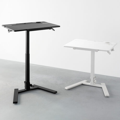 スタンディングデスク（昇降デスク・ガス圧デスク・折りたたみテーブル・完成品出荷・落下防止ストッパー・天板角度調整可能・無段階調節・カップホルダー・フック付き・薄さ23cm・ホワイト）