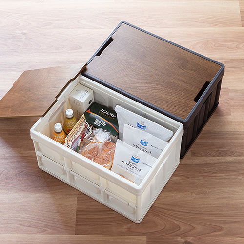 折りたたみ コンテナ（フタ付き・35L・木製蓋付き・テーブル・アウトドア・軽量・ブラック）