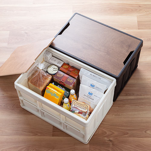 折りたたみ コンテナ（フタ付き・55L・木製蓋付き・テーブル・アウトドア・軽量・ホワイト）